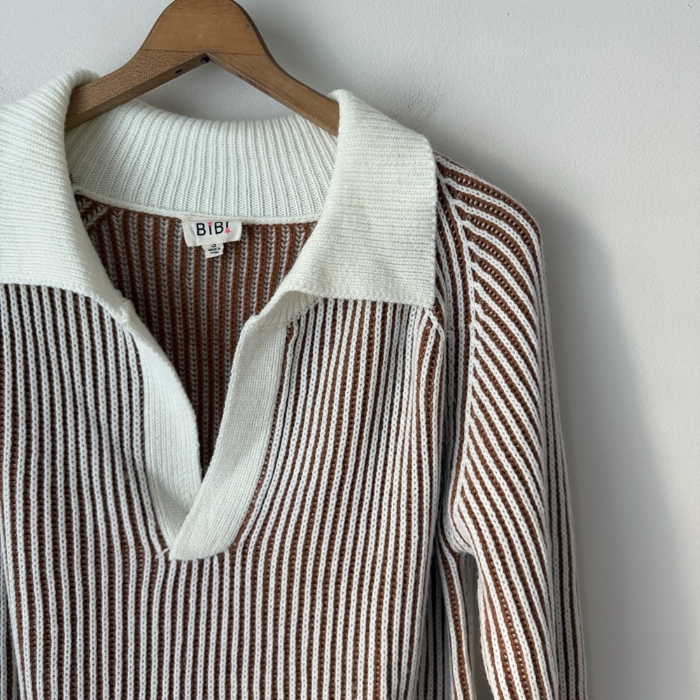 BiBi Cream and Brown Ribbed Knit Top - Picture 3 of 9